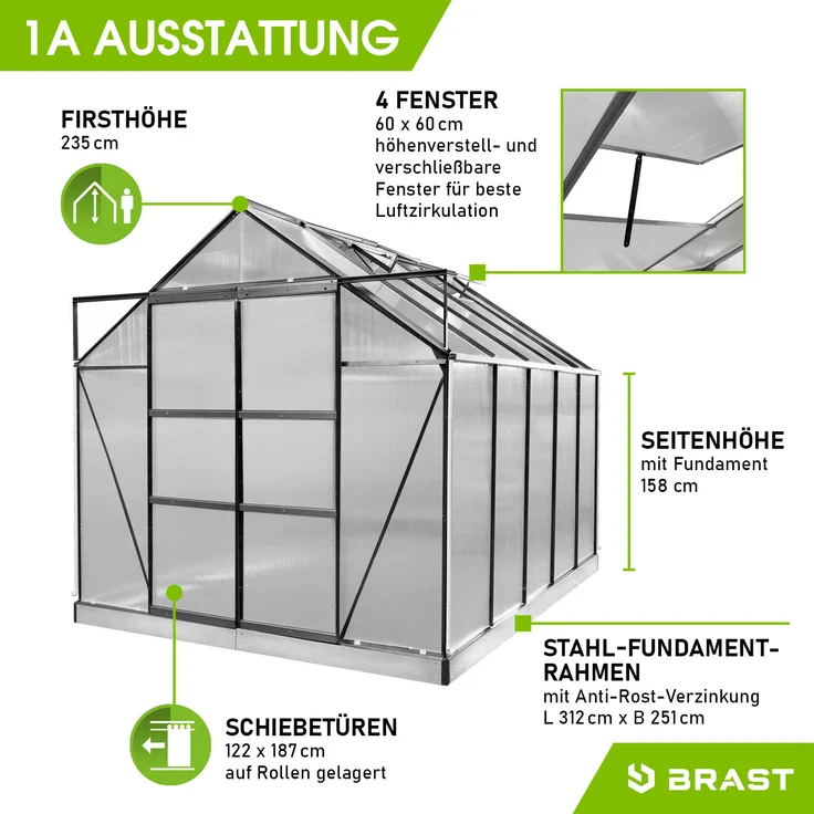 BRAST Gewächshaus Aluminium 310x250x235cm Grau mit Fundament rostfrei TÜV geprüft Alu Treibhaus Glashaus Tomatenhaus – Bild 7