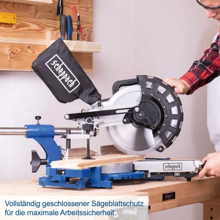 Scheppach HM216 Kappzugsäge Kappsäge Gehrungssäge 2000 W, Ø 216 mm Sägeblatt, 34 cm Schnittbreite mit Schnittkanten-Laser und LED, Drehtisch mit Schnellarretierung, inkl. 2 Hartmetall-Sägeblättern – Bild 4