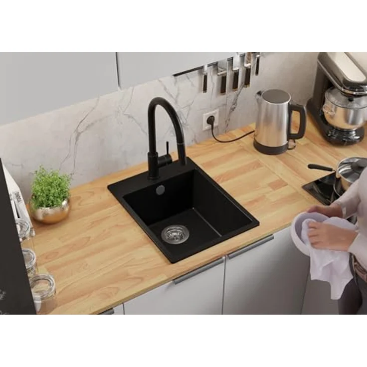 Primagran Spülbecken Schwarz 38x50cm, Granitspüle 1 Becken + Ablauf-Set, Küchenspüle ab 40er Unterschrank - Riga, Hitzebeständig und schlagresistent – Bild 3