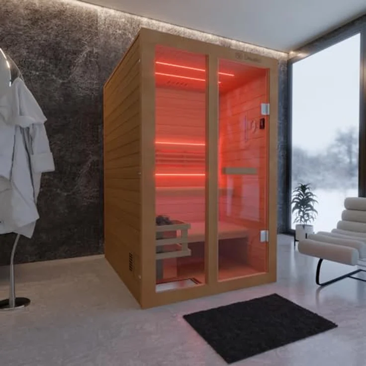 Dewello Sauna TOFINO 120x140 Finnische Sauna, 2 Personen, Saunaofen Harvia 3,5KW, Hemlockholz, BxTxH: 120 x 140 x 190 cm – Bild 2