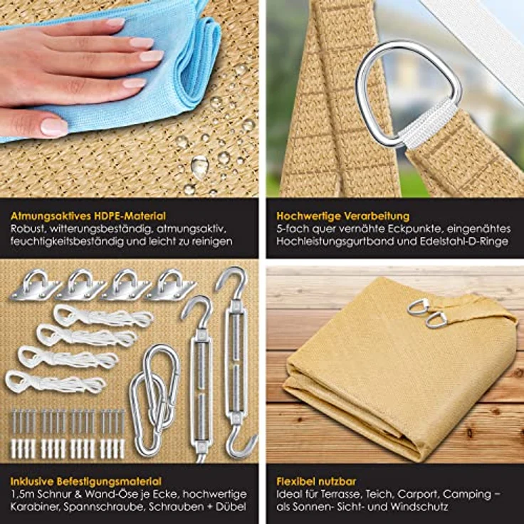 KESSER Sonnensegel Sonnenschutz Windschutz HDPE Gewebe wasserabweisend & windabweisend 5-Fach quer vernäht robust & stabil Schattenspender Garten Balkon Terrasse Rechteck, Sand, 2x4m – Bild 3