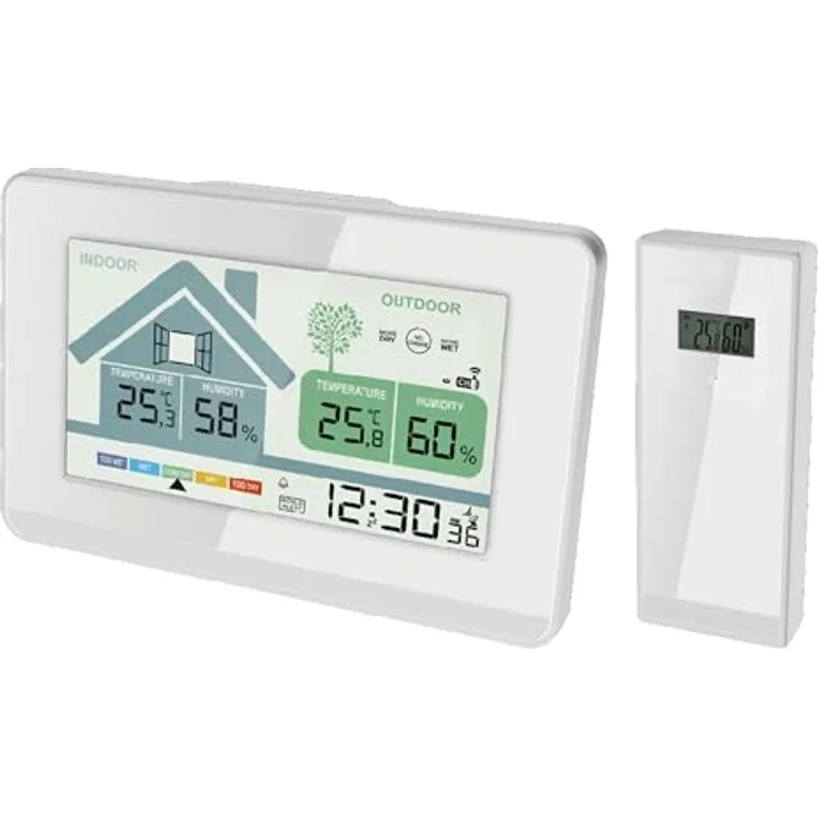 Miraval Funk-Wetterstation 4-MV5631, Thermometer innen/außen, Hygrometer, Schimmelwarner, Alarmfunktion mit 2 Alarmen, Außensensor 100m Reichweite, LCD-Display, weiß, inkl. Batterien