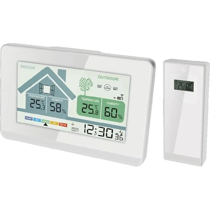 Miraval Funk-Wetterstation 4-MV5631, Thermometer innen/außen, Hygrometer, Schimmelwarner, Alarmfunktion mit 2 Alarmen, Außensensor 100m Reichweite, LCD-Display, weiß, inkl. Batterien – Bild 1