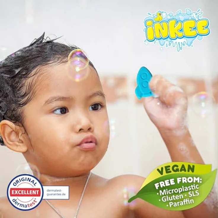INKEE Bath Fizzer Mix, 4er Pack Kinder Badebomben mit Mandelöl, 4x 20g in Pinkem Herz, Lila Muschel, Grünem Stern und Blauer Rakete mit verschiedenen Aromen – Bild 3