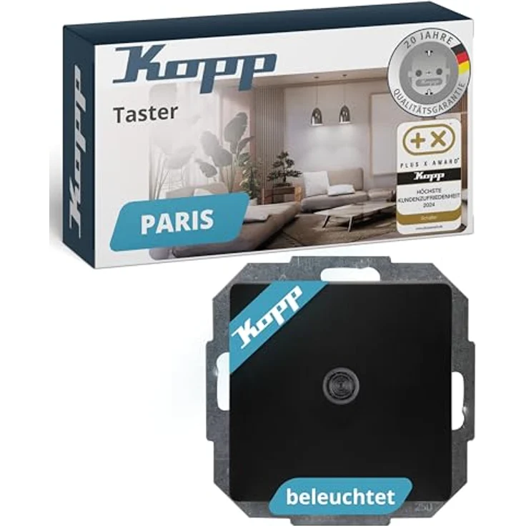 Kopp PARIS Taster Unterputz beleuchtet in Matt-Schwarz, 10AX Schaltvermögen für Klingel & Türöffner, IP20, 250V~ – Bild 1