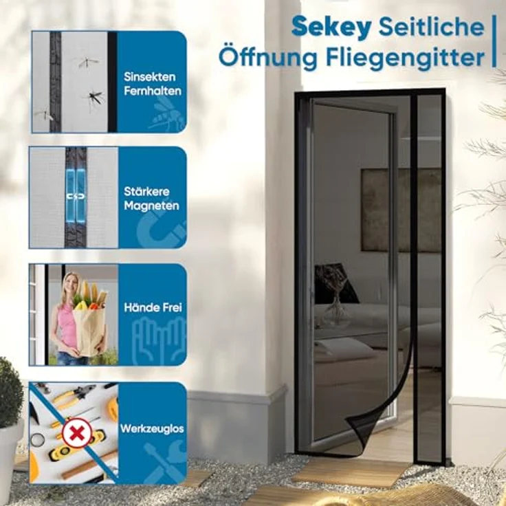 Sekey Fliegengitter Türvorhang, Magnet Insektenschutz mit Kratzsicherer Fiberglas-Qualität, Für Seitliches Öffnen, 110x220cm Schwarz, Einfache Installation ohne Bohren – Bild 4