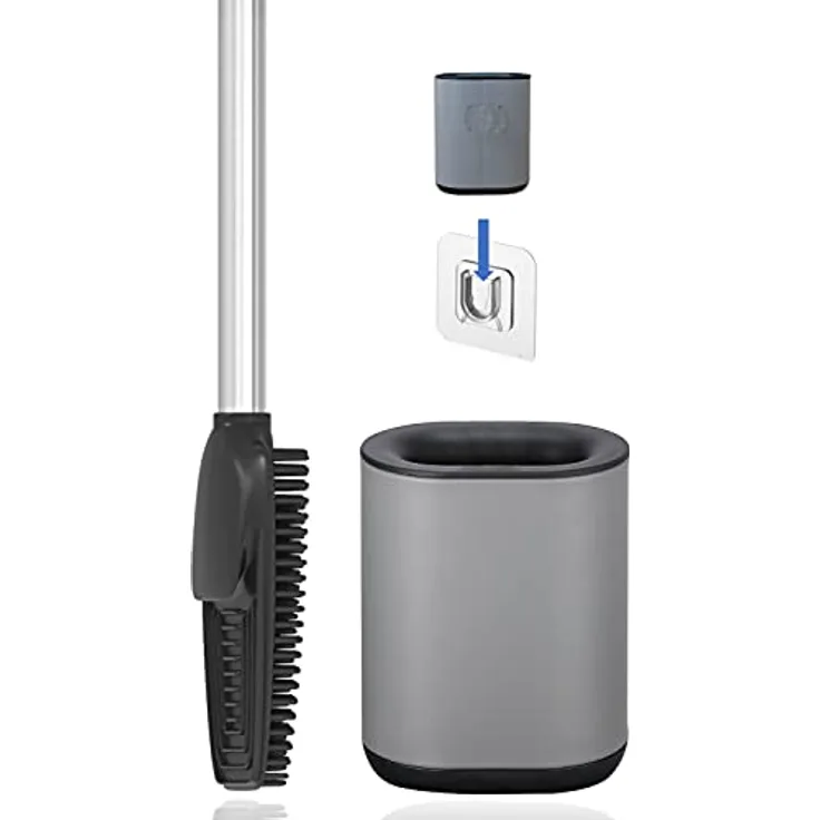 3in1 Toilettenbürste aus Silikon mit WC Bürsten Halter und Wandhalterung, Langer Stiel aus Edelstahl & Hygienisch mit Lamellen und Schaber – Toilettenbürstengarnitur für Badezimmer & Gäste-WC (Grau)