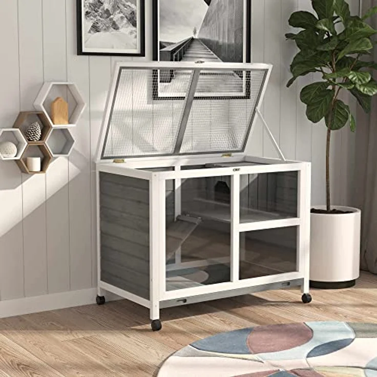 PawHut Kleintierkäfig mit Rädern Meerschweinchenkäfig Kleintierstall Kleintierhaus innen und außen Winterfest Tannenholz Grau 91,5 x 53,3 x 73 cm - 2 Ebenen, Massivholz, Rollen, einfache Reinigung – Bild 2