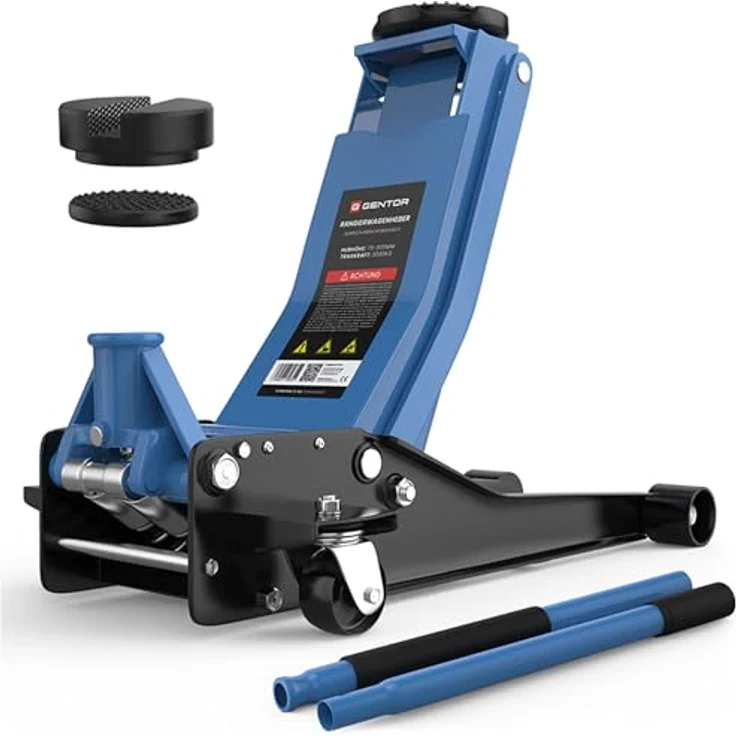 GENTOR Wagenheber 3T Ultra Flach, hydraulischer Rangierwagenheber für PKW & SUV, hellblau, 75 mm Unterfahrhöhe, 505 mm Hubhöhe, Doppelzylinder-Quicklift – Bild 1