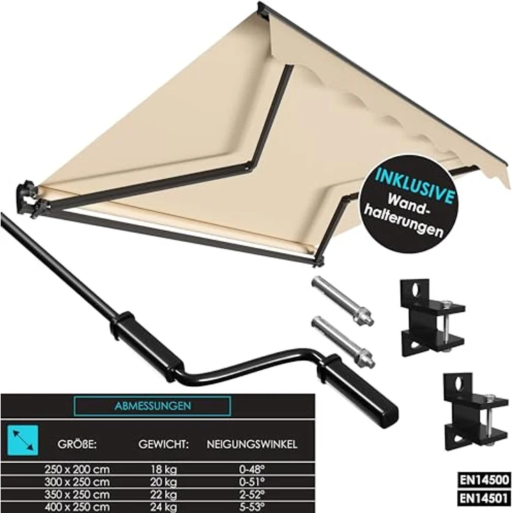 KESSER® Gelenkarmmarkise 300 x 250 cm, wasserabweisende Terrassenmarkise mit Wandhalterung, Neigungsverstellung und stabilen Gelenkarmen, beige – Bild 4