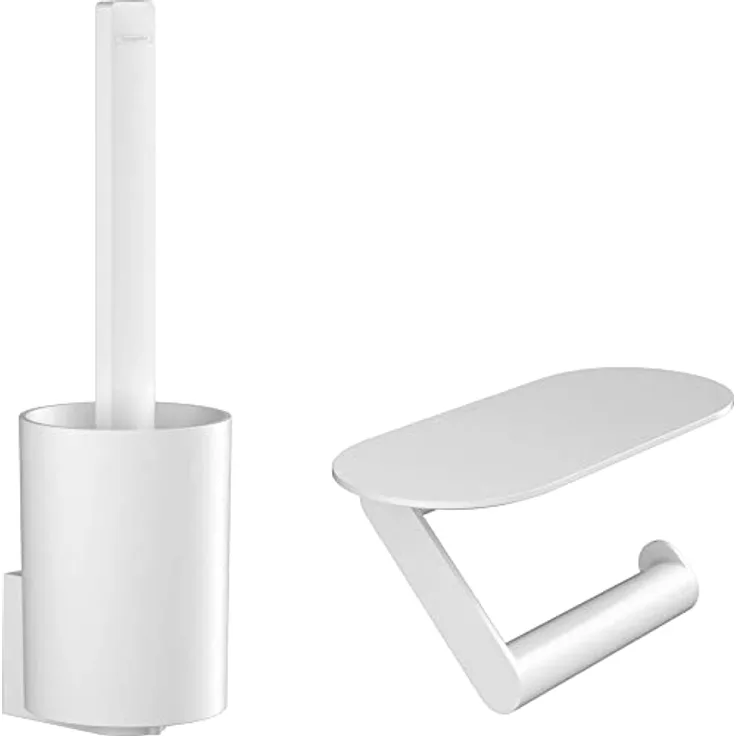 hansgrohe WallStrois - Toilettenset, Zubehör Set für die Toilette ohne bohren, Badezimmer Set 2-teilig, Toilettenpapierhalter, Toilettenbürstenhalter, Badezimmer Zubehör, Mattweiß