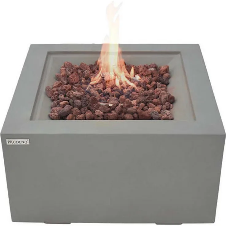 Elementi Feuerstelle Ridgefield, graue Deko Feuerstelle aus Faserbeton, 68x36x68 cm, gasbetrieben mit elektrischer Zündung und Lavasteinen
