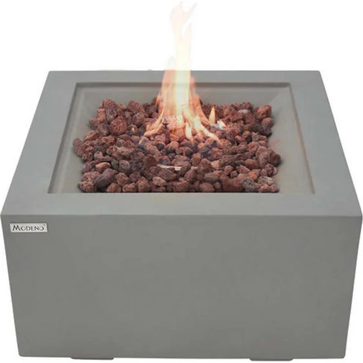 Elementi Feuerstelle Ridgefield, graue Deko Feuerstelle aus Faserbeton, 68x36x68 cm, gasbetrieben mit elektrischer Zündung und Lavasteinen