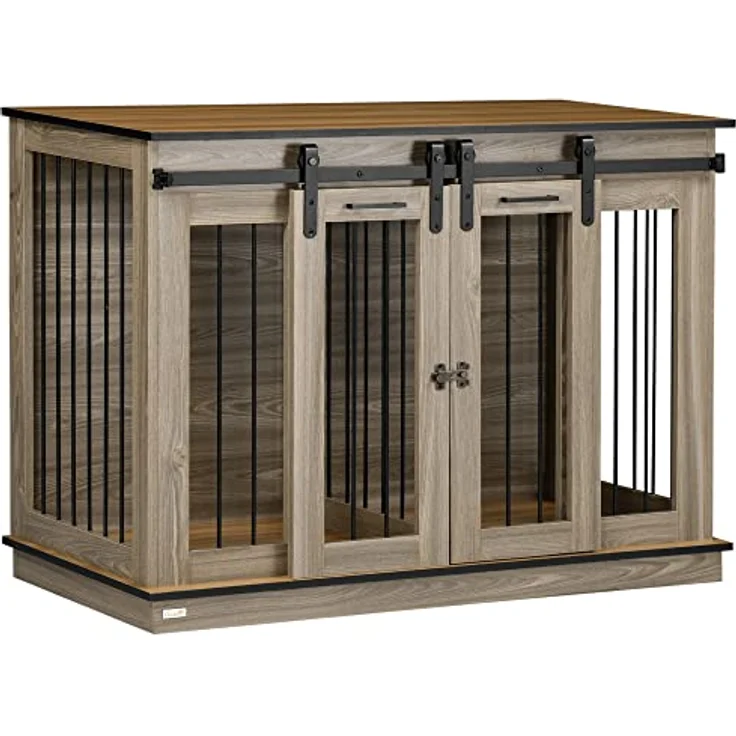 PawHut Hundekäfig, Haustierkäfig, Hundehütte mit Zweiraum-Option für Mittelegroße Hunde, Hundebox mit Doppeltüren, Hundehaus, Eiche, 120 x 60 x 88,5 cm – Bild 1