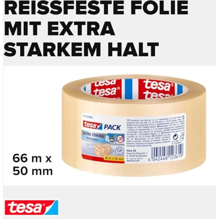 tesapack Ultra Strong - PVC-Klebebänder für festes Verpacken und sicheres Bündeln - Transparent - 66 m x 50 mm - Preisvergleich – Bild 3
