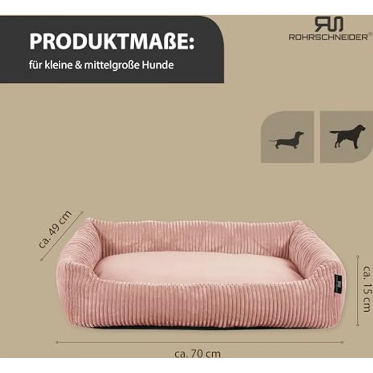 Rohrschneider Hundebett waschbar, für kleine und mittelgroße Hunde, mit Cordhundekissen, 2 Größen (ca. 55x42 cm/ca. 70x50 cm), Powder Rosa, inkl. Gassibeutel – Bild 3