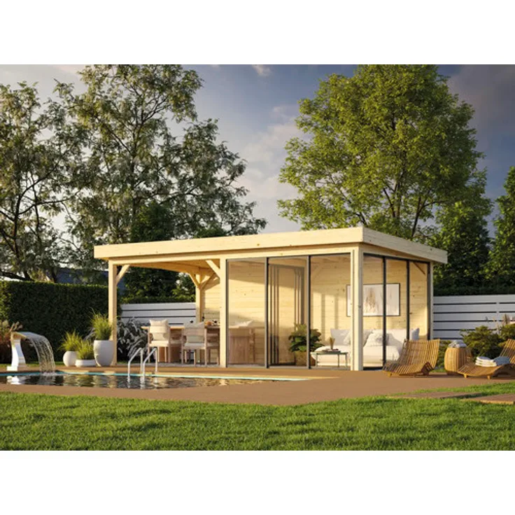 Palmako Pavillon Lenna Slide Plus 16,6 m² mit Isolierglas-Schiebetüren, tauchimprägniert grau, 588 x 300 cm