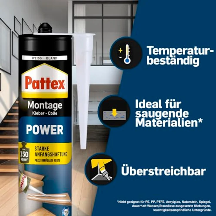 Pattex Montagekleber Power, Baukleber mit starker Anfangshaftung, Kraftkleber für saugende Materialien, Kleber für innen & außen, 1 x 370g - Preisvergleich – Bild 3