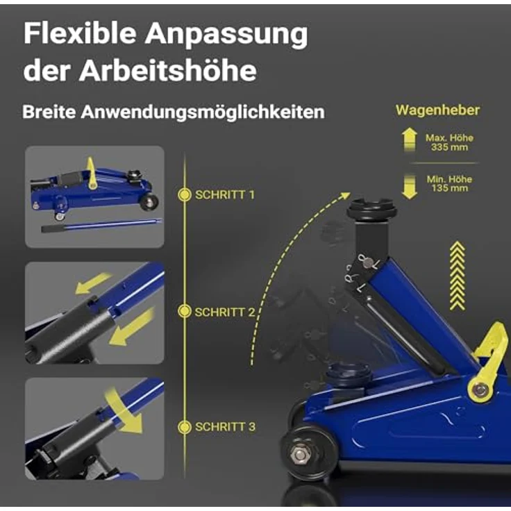 Wiltec XPOtool Set, Wagenheber und 2 Unterstellböcke bis 2 t Hubkraft, Hubhöhe 135-335 mm, Arbeitshöhe 270-365 mm, klappbar – Bild 4