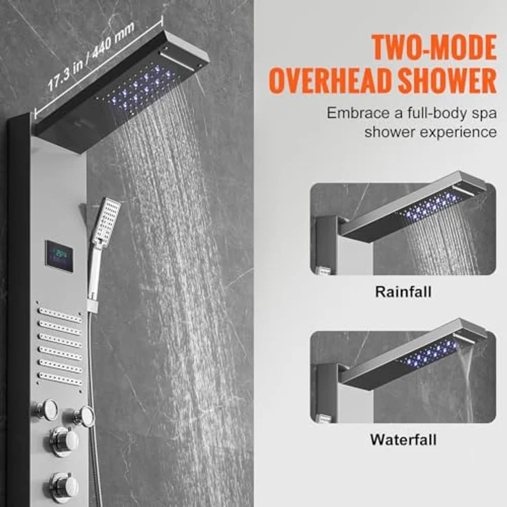 VEVOR Duschpaneelsystem 6-in-1, LED- und Bildschirm-Wasserkraft-Duschpaneel mit Regen- und Wasserfallmodus, 5 Massagedüsen, Handbrause, Edelstahl, wandmontiert – Bild 3