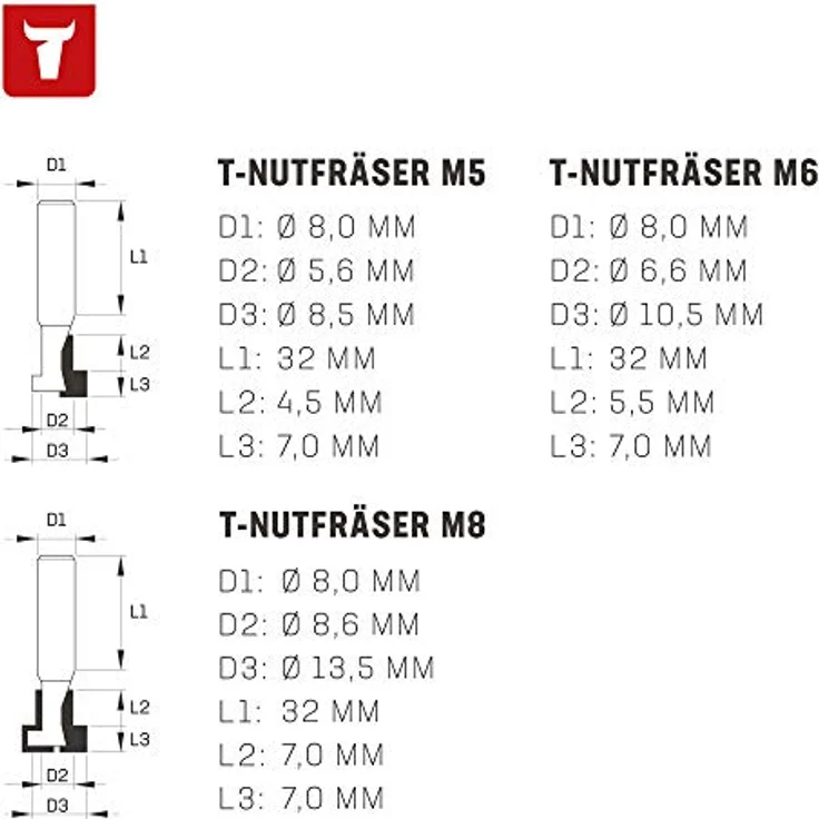 STIER T-Nutfräser-Set 3-teilig M5 M6 und M8 Schrauben, 8 mm Schaft, für Oberfräsen, T Nut Fräser, T Nutfräser - Preisvergleich – Bild 5