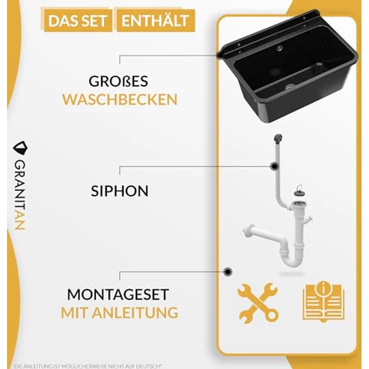 Granitan Ausgussbecken - Polypropylen Waschtrog mit Siphon - 61x41x30 cm - Grau Lux – Bild 5