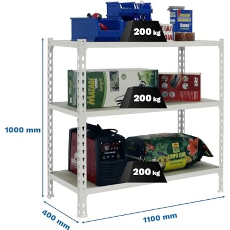 Simonrack Maderclick SuperPlus Metallregal, 3 Böden, Traglast 200 kg pro Boden, Weiß, H 100 x B 110 x T 40 cm, steckbar – Bild 3