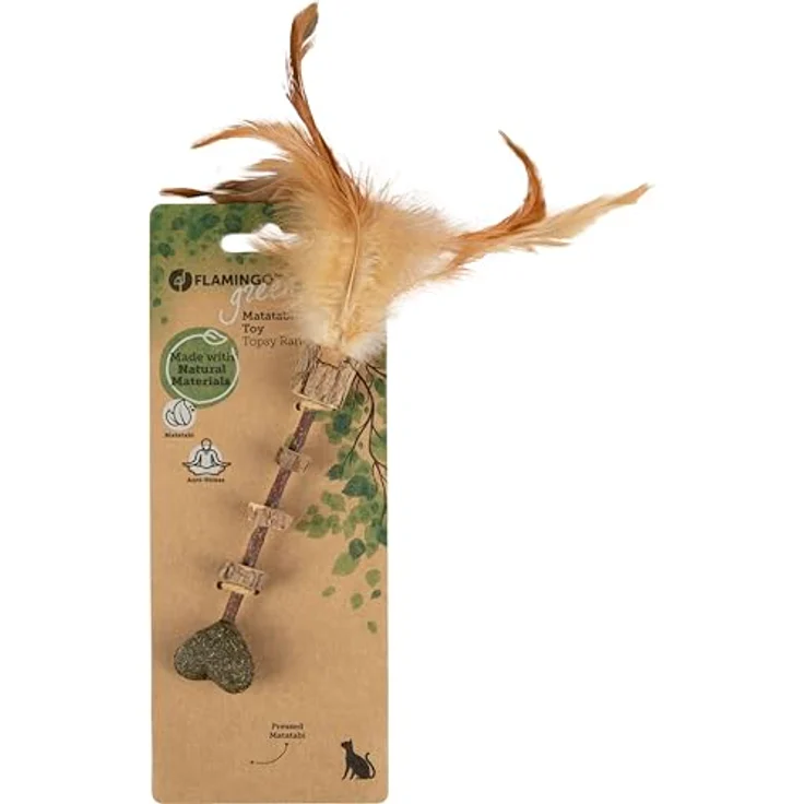 Flamingo Tier-Beschäftigungsspielzeug Katzenspielzeug Topsy Stick Holz mit Herz Matatabi Natur – Bild 3