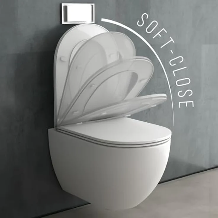 Alpenberger Tiefspül-WC Hänge WC - Wand WC Spülrandlos mit Toilettendeckel D Form, Abgang Waagerecht, WC Sitz mit Absenkautomatik - Made in EU - Passend zu Geberit, Keramik weiß, Nano-Beschichtung - Preisvergleich – Bild 5