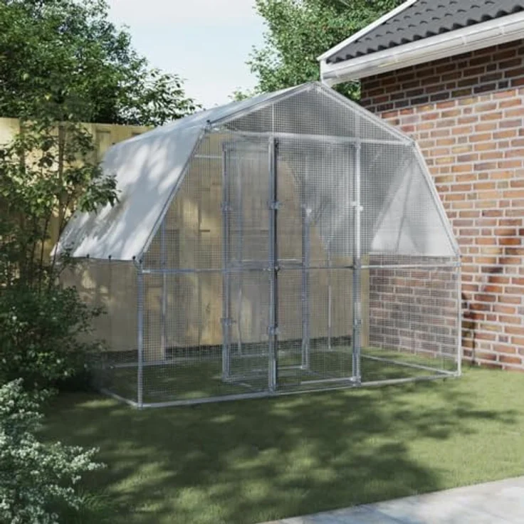 vidaXL Hühnerkäfig 2 Stk., Hühnerstall mit Wasserfestes Dach Tür, Freilaufgehege für Hühner Kleintiere, Hühnerhaus Kleintierstall, Silbern Verzinkter Stahl – Bild 3