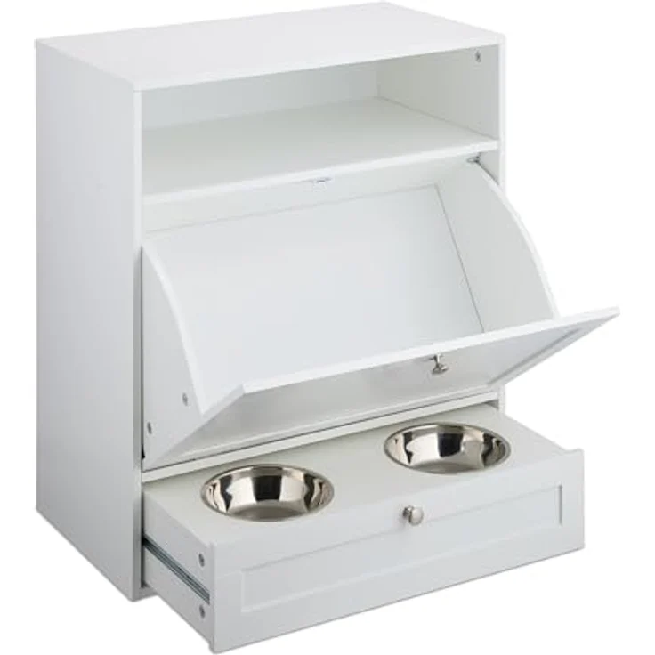 Relaxdays Futterschrank Hund, Schublade mit 2 Fressnäpfen, Kippfach, MDF, weiß – Bild 5