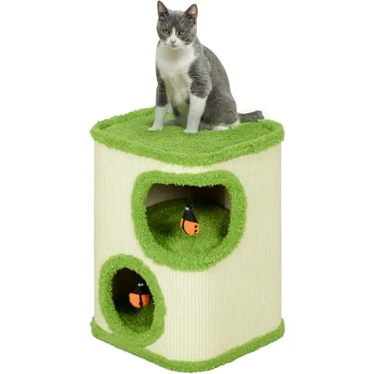 PawHut Kratztonne, 52 cm Katzentonne mit 2 Höhle, Grün+Cremeweiß, aus Sisal, für Katze bis 5 kg