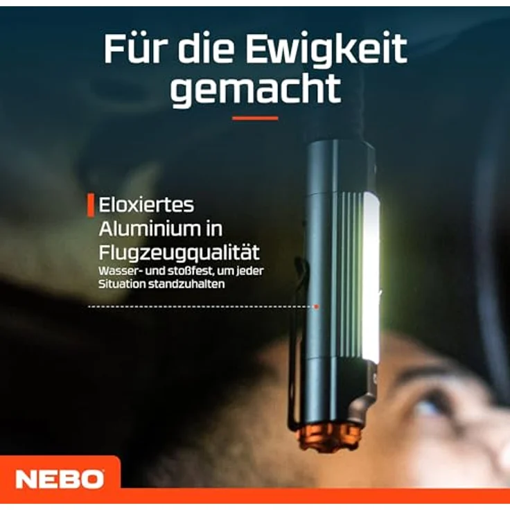 NEBO Big Larry 3, 600 Lumen LED-Taschenlampe mit COB-Arbeitslicht, dimmbar, Stahlgrau, Magnetfuß und Clip für freihändiges Leuchten – Bild 4