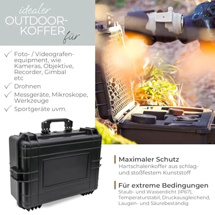 HMF Werkzeugkoffer Robuster Outdoorkoffer mit Druckausgleichsventil und Rasterschaumstoff, Outdoor-Koffer wasserdicht und staubdicht, 57 x 41,5 x 21,5 cm schwarz – Bild 2