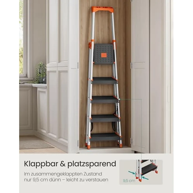 SONGMICS Leiter mit 5 Stufen, Aluleiter, 12 cm breite Stufen mit Riffelung, Anti-Rutsch-Füße, mit Handlauf, Werkzeugschale, bis 150 kg belastbar, schwarz-orange – Bild 5