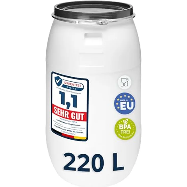 Garronda GD-0078 Regentonne 220 Liter Weithalsfass aus HDPE, weiß, mit Deckel, BPA-frei, ideal für Regenwasser, Futter und Lebensmittel