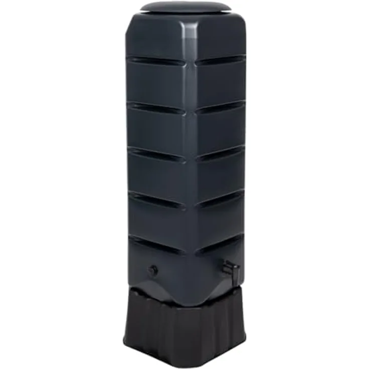 Kreher 120 Liter Kompakte Regentonne, Wassertank inkl. Wasserhahn, Stand, Deckel - Schwarz - Umweltfreundlich & kosteneffizient, schlankes Design, robustes Material