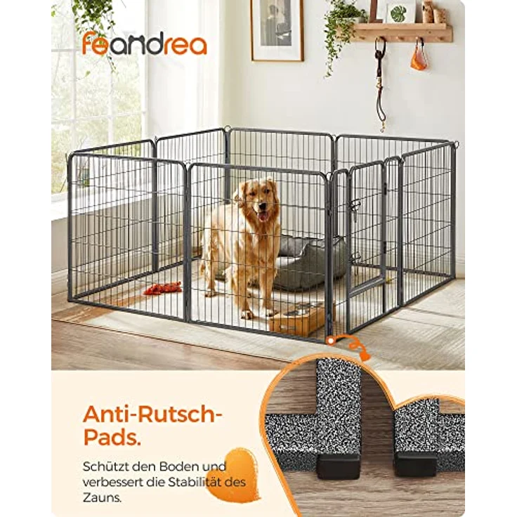 FEANDREA Hundezaun, 8 Platten DIY Hundepark, Doppel-L-Schloss, transportabel, 77 x 80 cm, für Innen, Außen, Terrasse, Hunde, Kaninchen, Hühner, grau – Bild 2