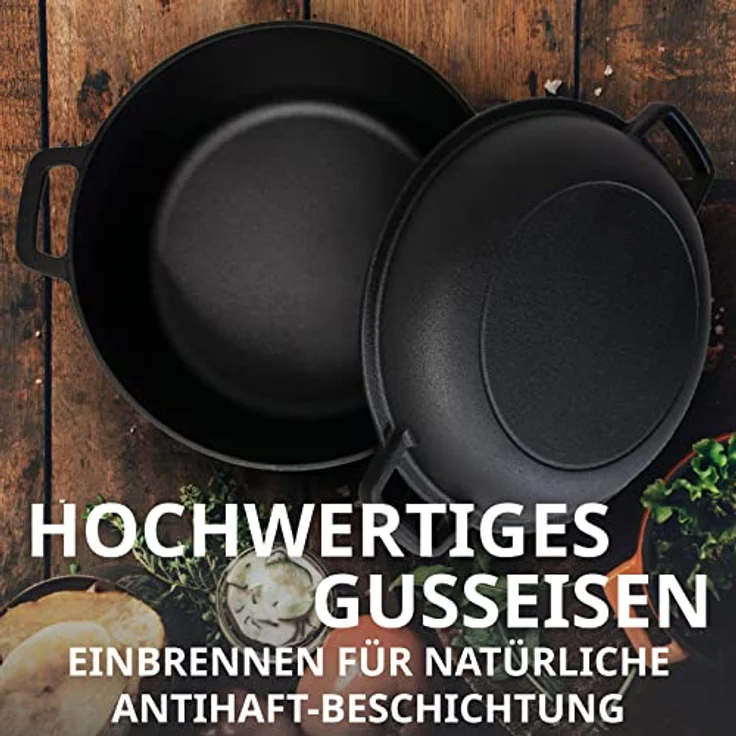 TAINO Gusseisen-Topf mit Pfannen-Deckel 6l Dutch-Oven Allzweck-Kochtopf aus Gusseisen Herd Ofen Lagerfeuer Grill, langlebiger Grilltopf Schwarz – Bild 5