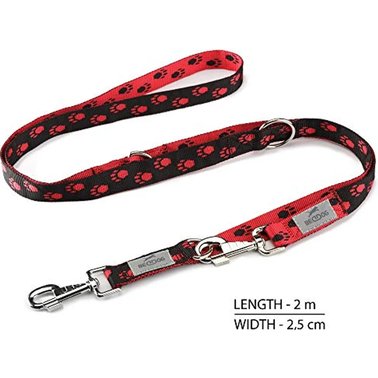BedDog® Hundeleine Willy, verstellbar in 3 Längen, Doppel-Leine, Führ-Leine, Lauf-Leine, mittel-große und große Hunde, Gesamtlänge 2m - rot/schwarz – Bild 2