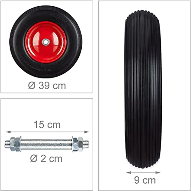 Schubkarrenrad Vollgummi mit Achse, 4.80 4.00-8 Gummirad, pannensicher, 100kg Tragkraft Ersatzrad, schwarz-rot – Bild 5