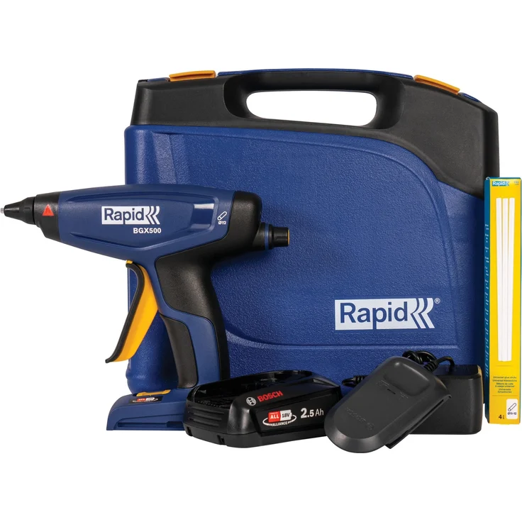 Rapid Akku-Heißklebepistole BGX500, 18 V, inkl. 2,5 Ah Akku und Ladegerät, präzise Hubverstellung, LED-Anzeige, schneller Aufheizzeit