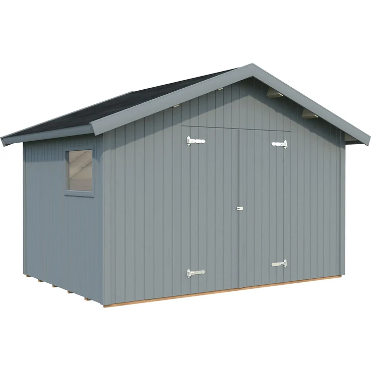 Palmako Gerätehaus Nils 8,2 m², 16 mm nordisches Fichtenholz, hellgrau lackiert mit Doppeltür und Fenster