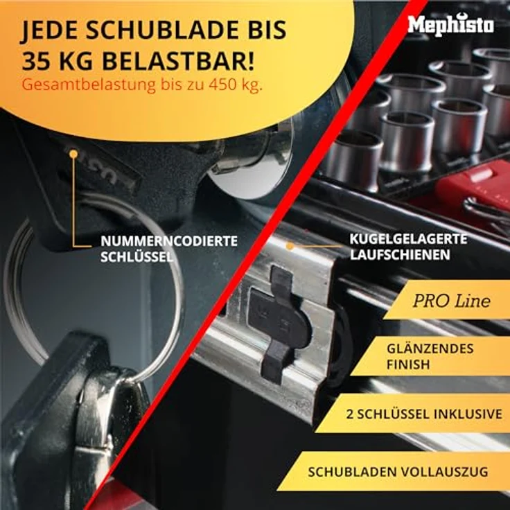 Mephisto-Tools Werkstattwagen, Pro-Line 12 abschließbare Schubladen, CRV Werkzeug, schwarz/rot – Bild 7