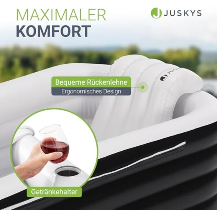 Juskys Aufblasbare Badewanne M, 300 L, platzsparend mit Rückenlehne, Pumpe und Abdeckung, Schwarz/Weiß – Bild 5