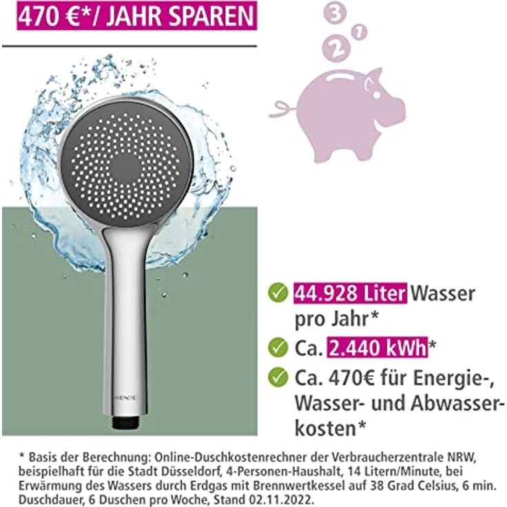 WENKO Wasserspar Duschkopf Watersaving, wassersparende Universal-Handbrause, Duschbrause mit Wasserspar-System, 40% Wasser sparen bei vollem Komfort, Duschkopf Ø 9,6 cm, ABS verchromt – Bild 3