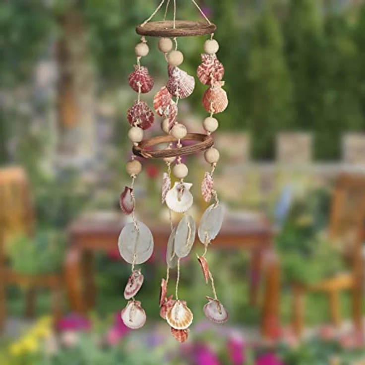Relaxdays Windspiel mit Muscheln, maritimes Holz Klangspiel für Balkon, Garten, Strand-Deko, Capiz Mobile, 75 cm, Natur – Bild 2