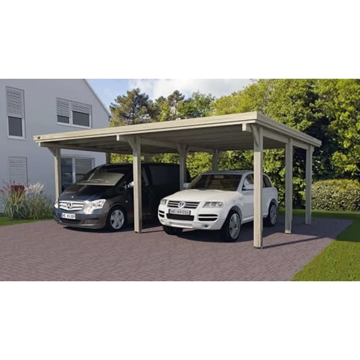 Weka Flachdach-Doppelcarport 618 Gr. 1, gebeizt, 603 x 512 x 233 cm, ohne Dachplatten – Bild 1