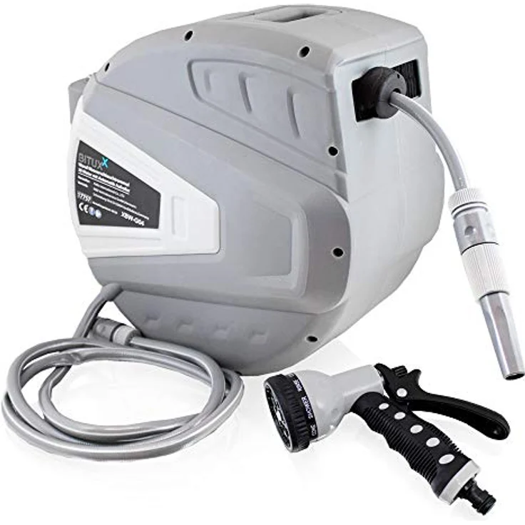BITUXX Wand Wasser Schlauchtrommel Automatik, 30 m mit Multi Wasserschlauchpistole und Wandhalterung – Bild 1