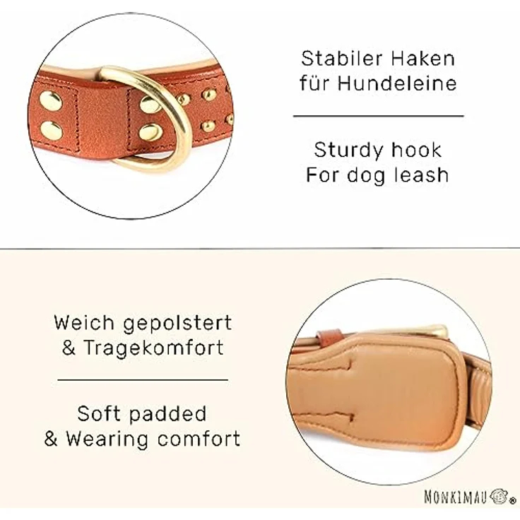Monkimau Hundehalsband - Halsband für Hunde aus Leder mit Nieten gepolstert verstellbar (XS-S: 25mm x 40cm) – Bild 4